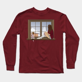 Girl and beagle dog sitting on the window. winter landscape Long Sleeve T-Shirt